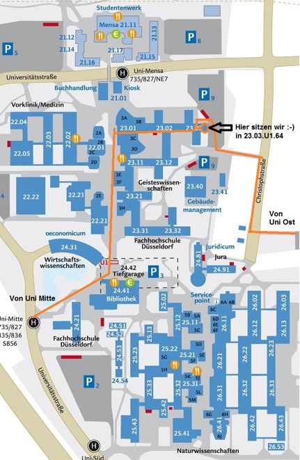 Eine Karte zum Fachschaftsraum der Psychologie. Der Raum ist in Gebäude 23.03 Etage U1.64. Am kürzesten erreichbar über die Christophstraße.